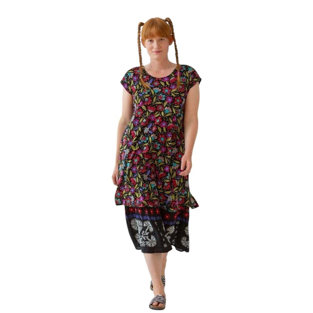 GUDRUN SJODEN LAGENLOOK STYLE FLORAL TUNIC DRESS ORGANIC COTTON WOMEN SIZE LARGE